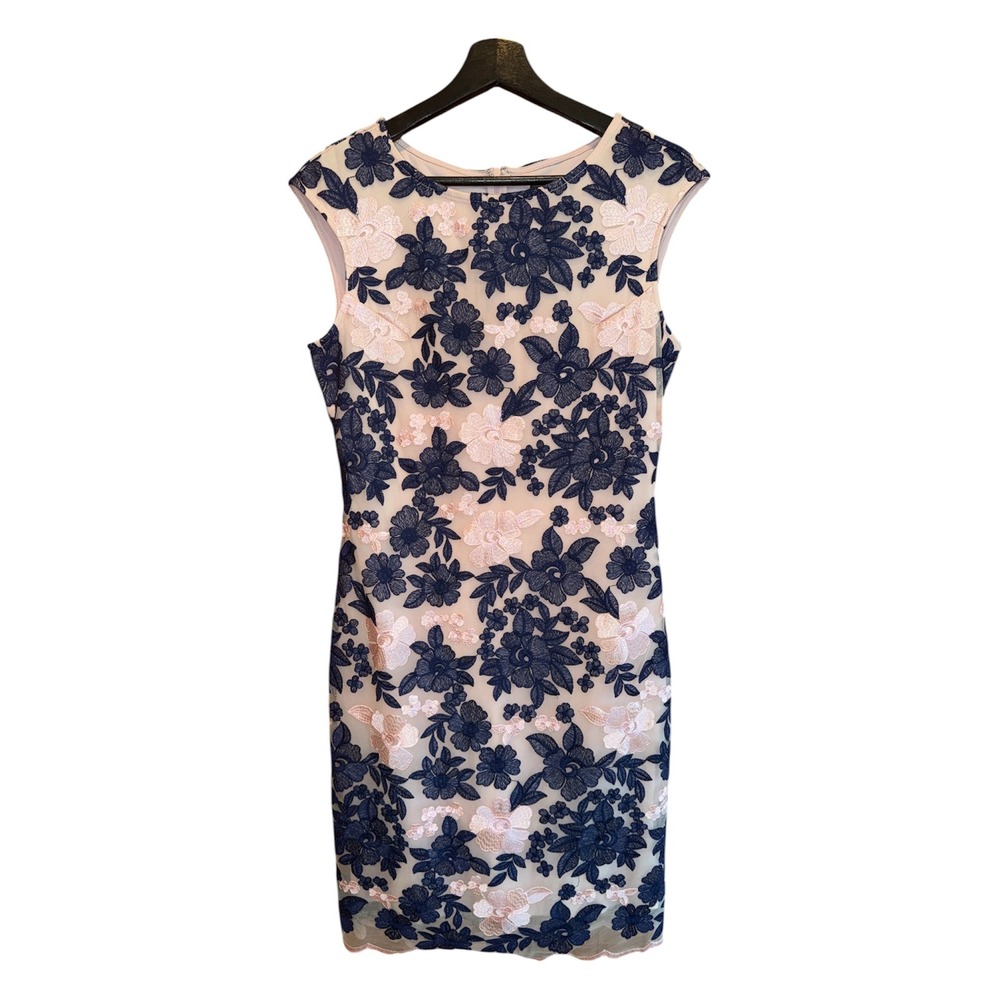 Donna Ricco New York Pink Navy Floral Embroidered Mesh Sheath Dress Size 6